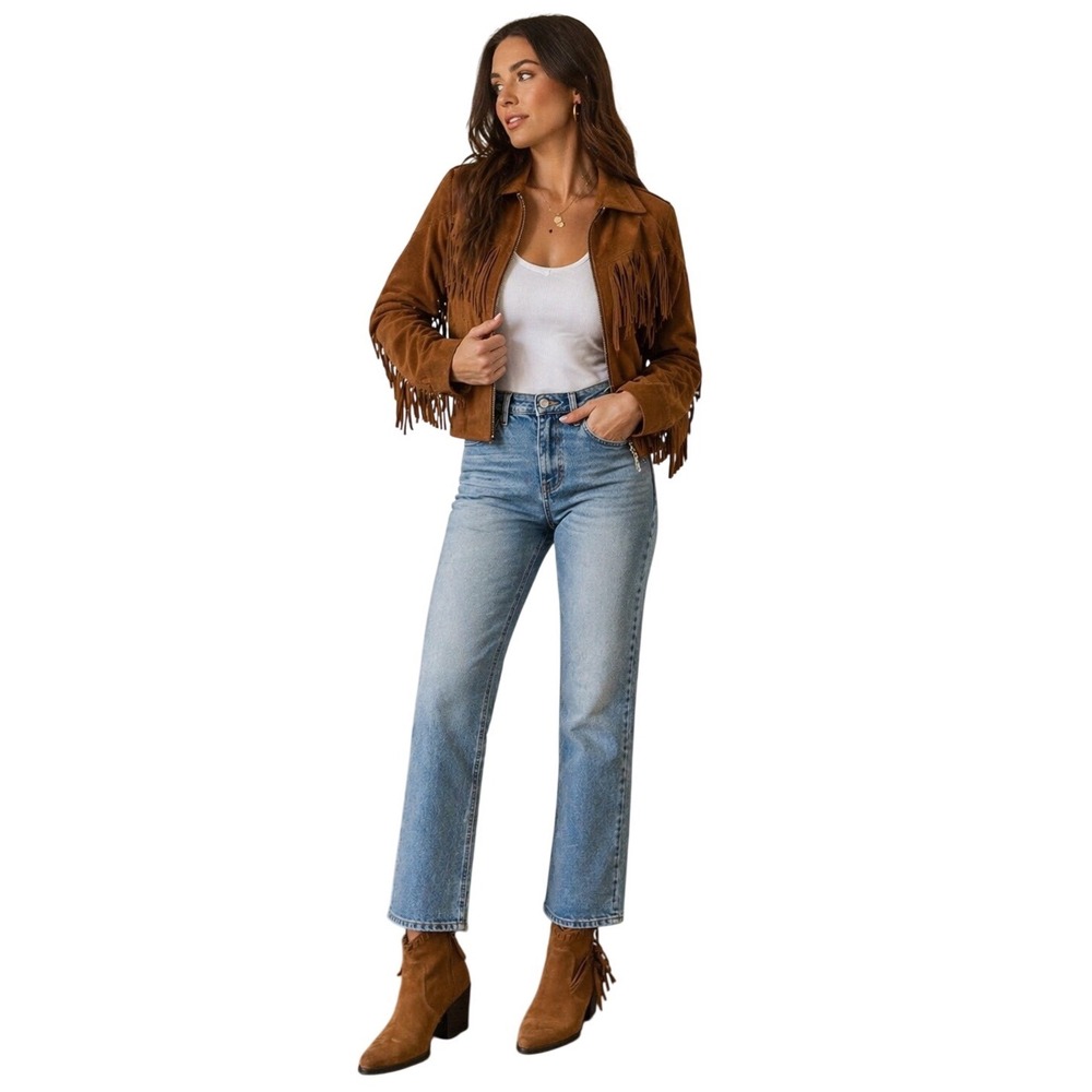 Sam Edelman Cognac Brown Suede Fringe Western Ankle Boots Pointed Toe Zip Up